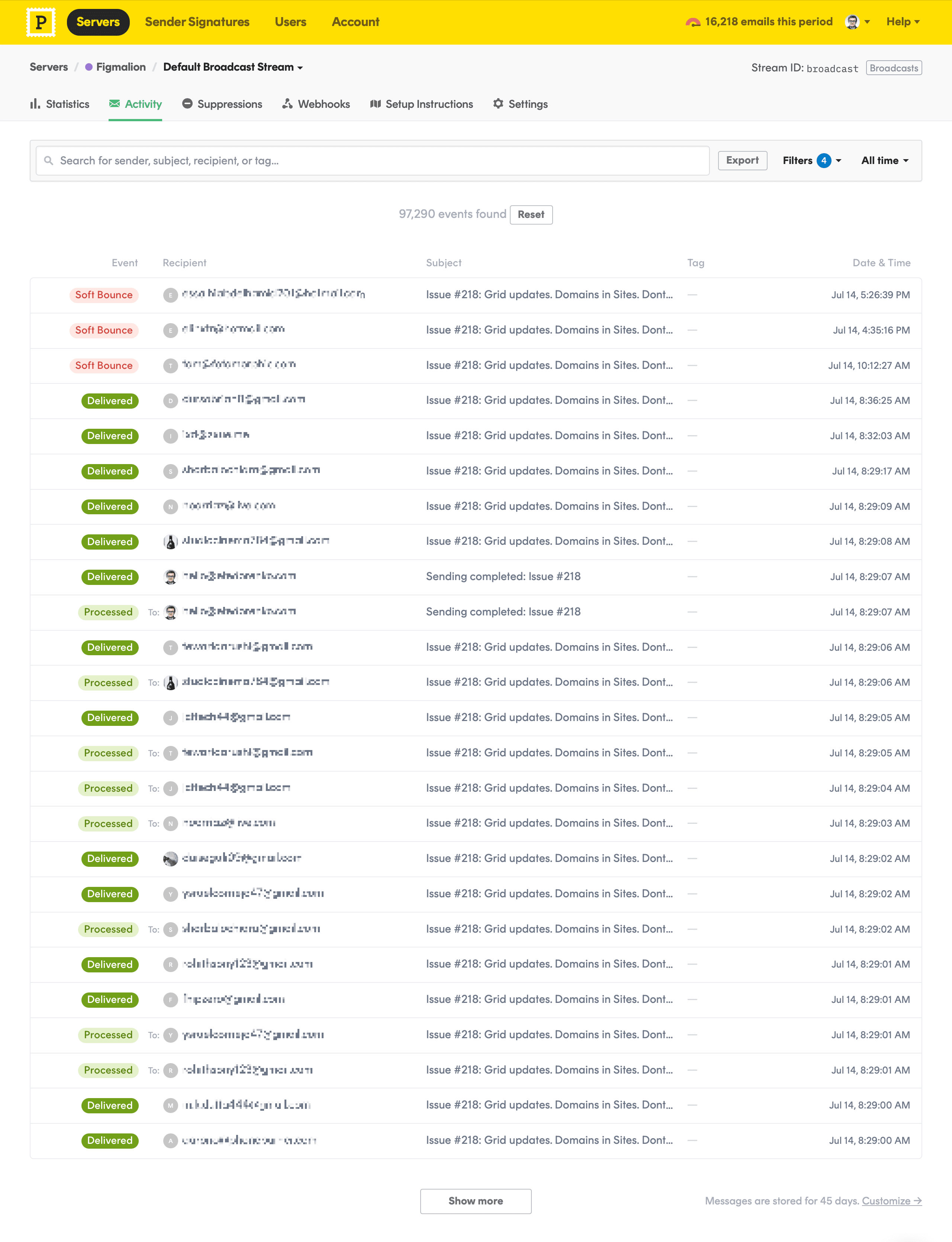 Postmark server activity
