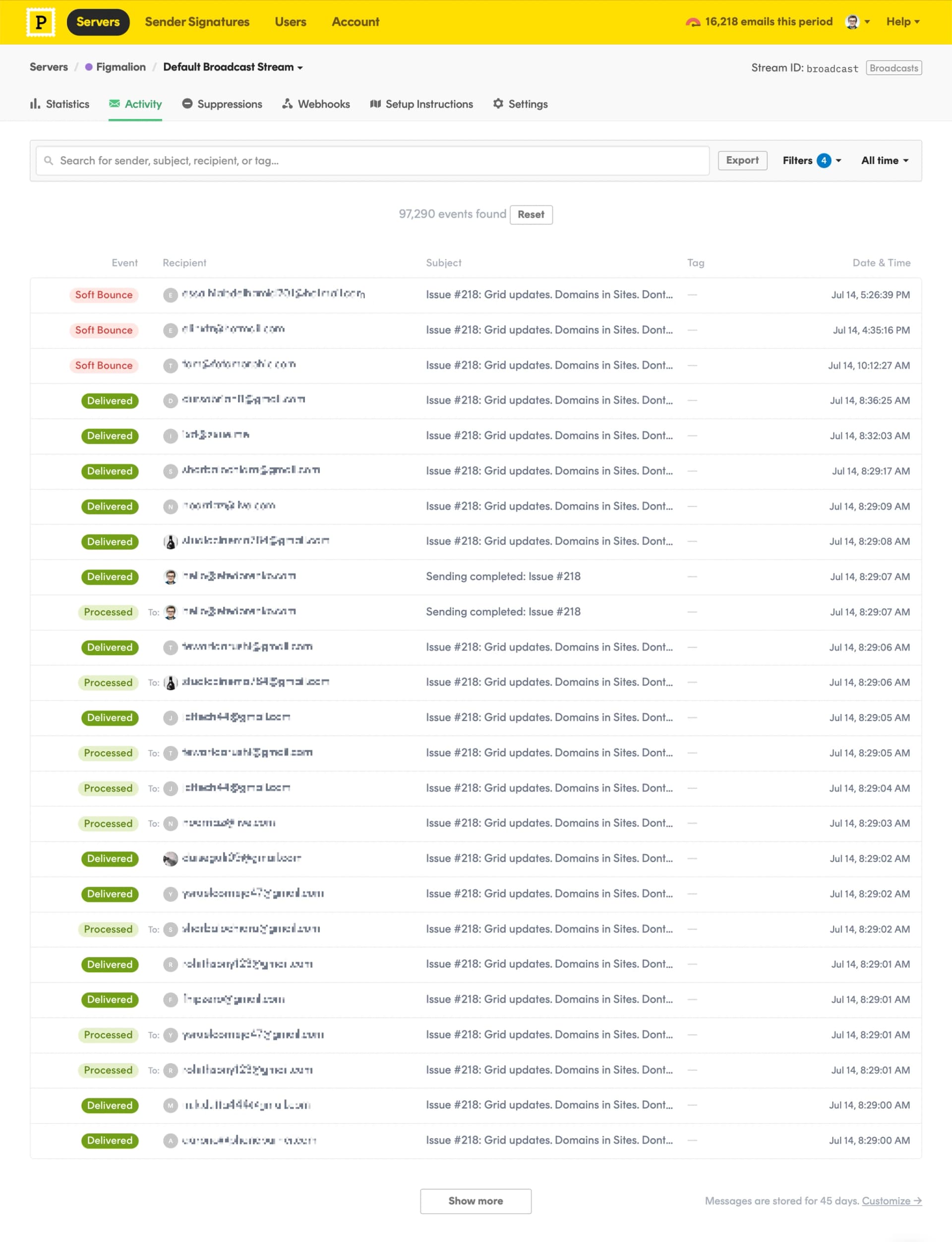 Postmark server activity